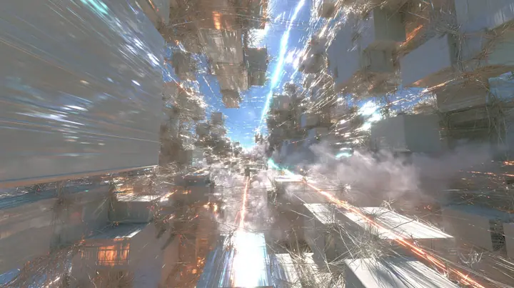 first-person drone view gliding forward through a luminous white void where hundreds of square white wall panels float like neurons, joined by thin glowing threads of light, a slow pulse of light travelling along the…