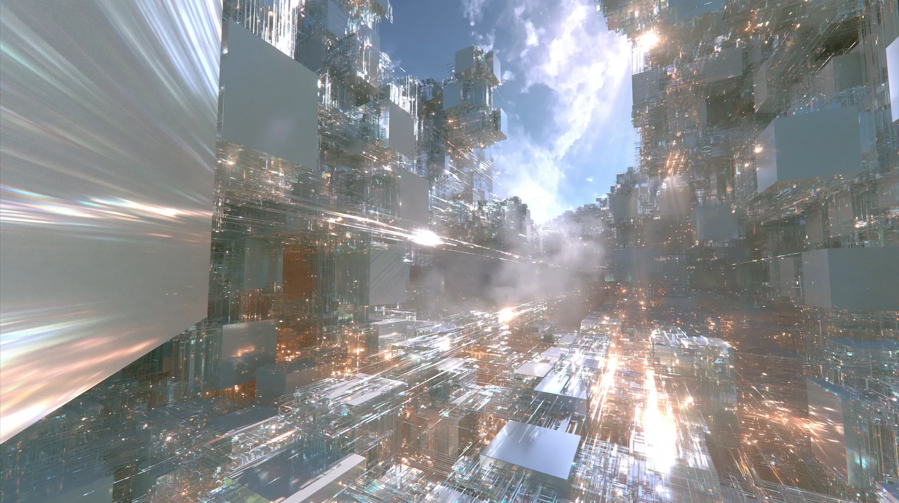 first-person drone view gliding forward through a luminous white void where hundreds of square white wall panels float like neurons, joined by thin glowing threads of light, a slow pulse of light travelling along the…