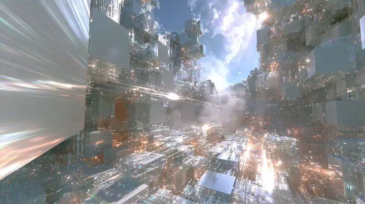 first-person drone view gliding forward through a luminous white void where hundreds of square white wall panels float like neurons, joined by thin glowing threads of light, a slow pulse of light travelling along the…