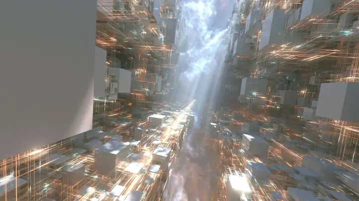 first-person drone view gliding forward through a luminous white void where hundreds of square white wall panels float like neurons, joined by thin glowing threads of light, a slow pulse of light travelling along the…