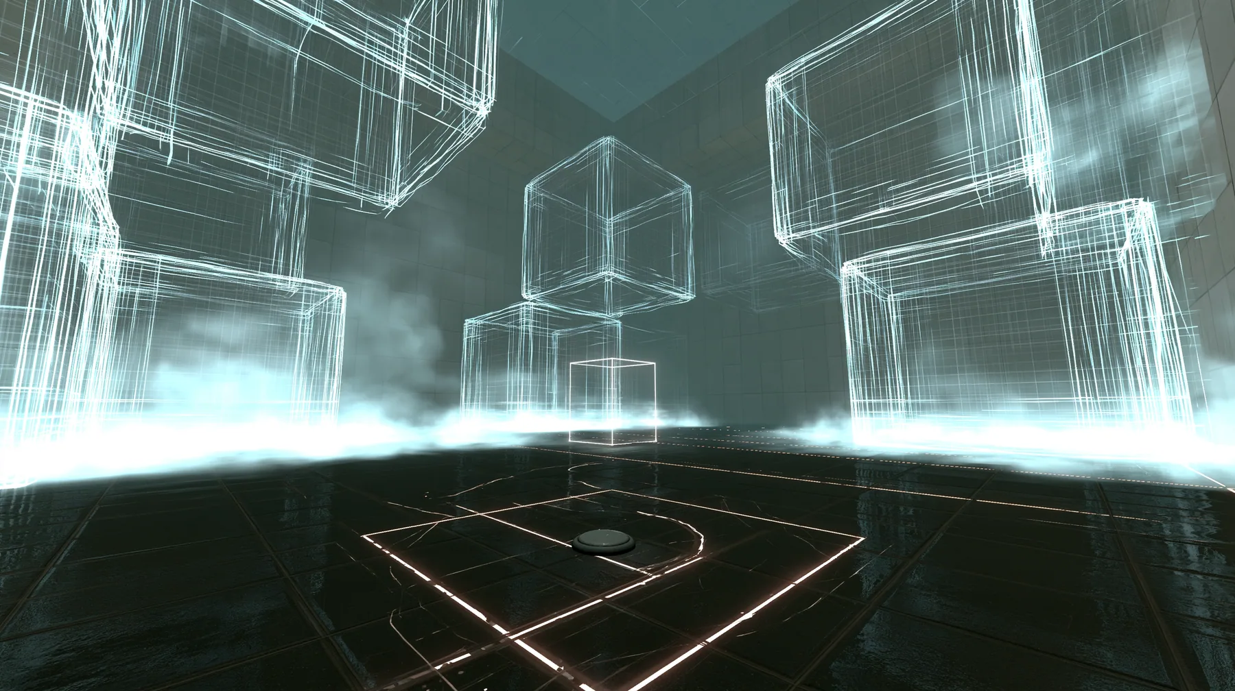 inside the dream of a test chamber not yet built: a dark glossy tiled floor drawn with thin glowing guide lines around a round floor button, soft white fog, separate glowing white wireframe wall panels floating in…