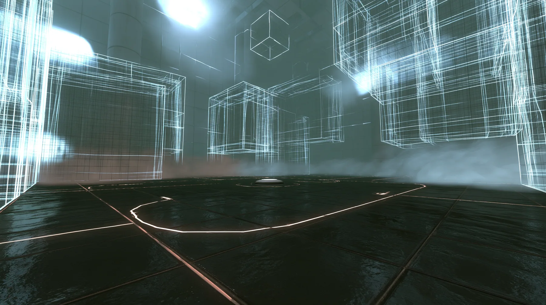inside the dream of a test chamber not yet built: a dark glossy tiled floor drawn with thin glowing guide lines around a round floor button, soft white fog, separate glowing white wireframe wall panels floating in…