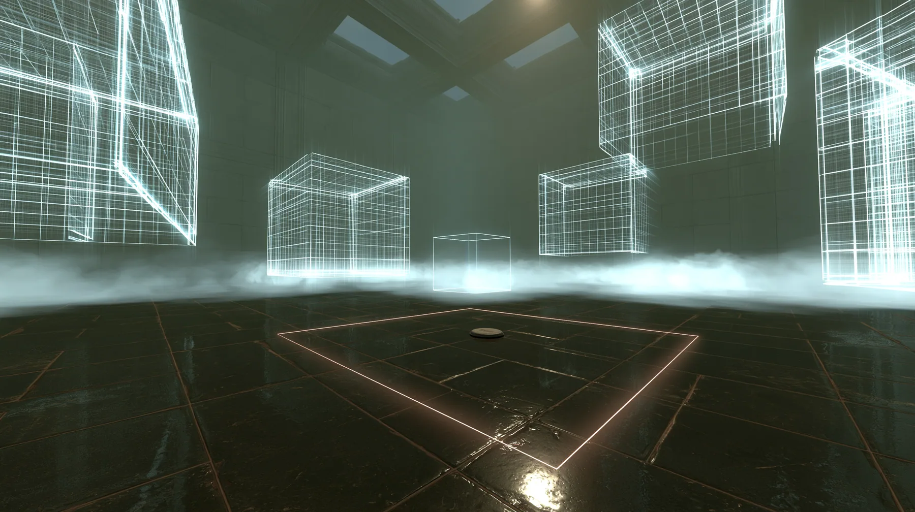 inside the dream of a test chamber not yet built: a dark glossy tiled floor drawn with thin glowing guide lines around a round floor button, soft white fog, separate glowing white wireframe wall panels floating in…
