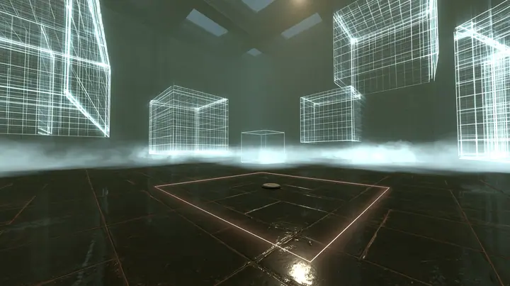 inside the dream of a test chamber not yet built: a dark glossy tiled floor drawn with thin glowing guide lines around a round floor button, soft white fog, separate glowing white wireframe wall panels floating in…