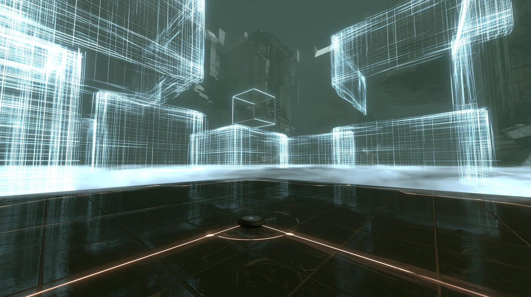 inside the dream of a test chamber not yet built: a dark glossy tiled floor drawn with thin glowing guide lines around a round floor button, soft white fog, separate glowing white wireframe wall panels floating in…