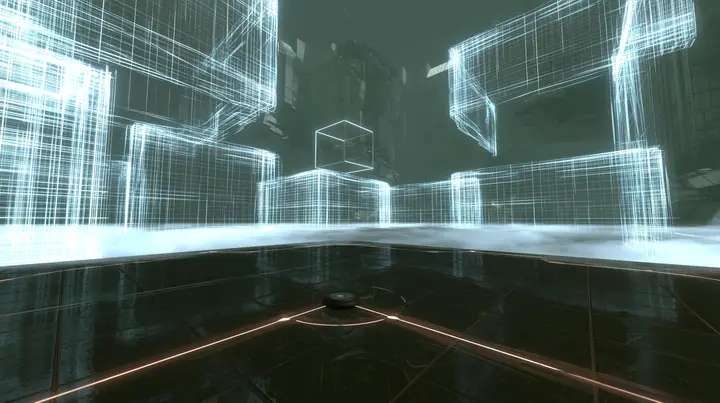 inside the dream of a test chamber not yet built: a dark glossy tiled floor drawn with thin glowing guide lines around a round floor button, soft white fog, separate glowing white wireframe wall panels floating in…