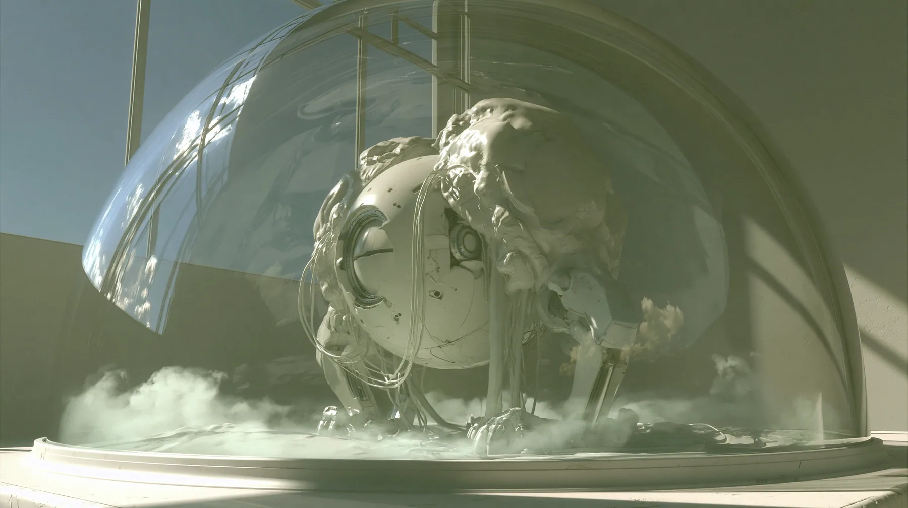 macro shot through the curved glass of an incubator bell jar on a white laboratory bench: inside, a tiny white spherical robot core the size of a plum with trailing cables, its round optic still shut behind a closed…