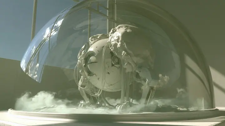 macro shot through the curved glass of an incubator bell jar on a white laboratory bench: inside, a tiny white spherical robot core the size of a plum with trailing cables, its round optic still shut behind a closed…