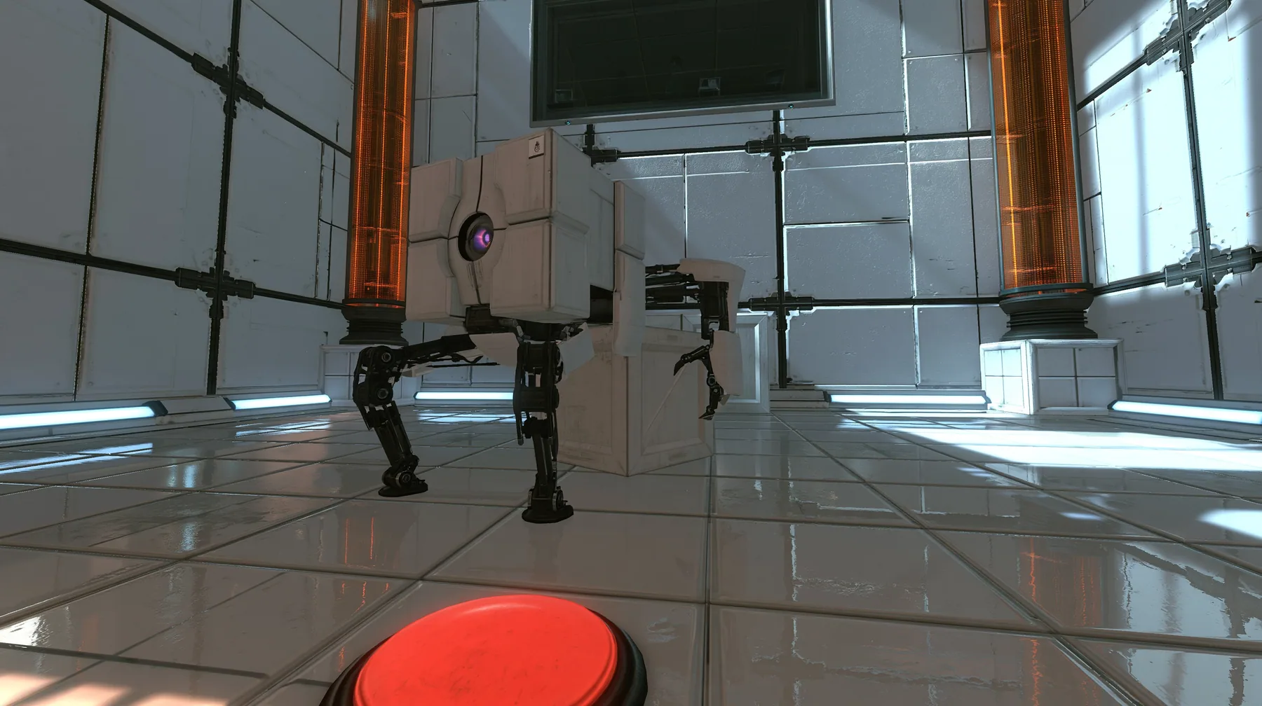 low close shot at floor level in a small white training test chamber: a sturdy light-grey storage cube robot walking on four short black jointed legs, one round purple optic glowing in its front face, braces its legs…