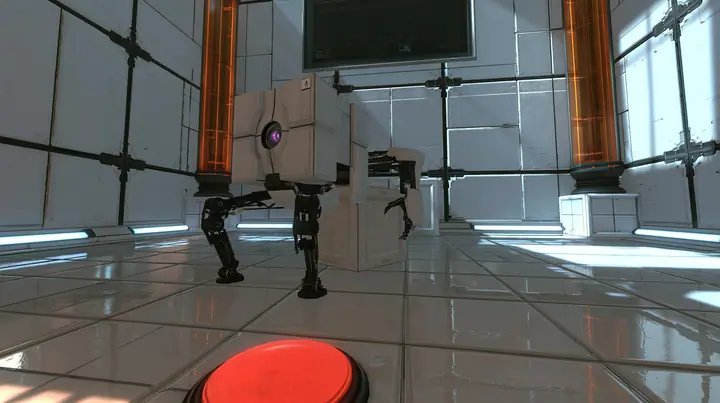 low close shot at floor level in a small white training test chamber: a sturdy light-grey storage cube robot walking on four short black jointed legs, one round purple optic glowing in its front face, braces its legs…