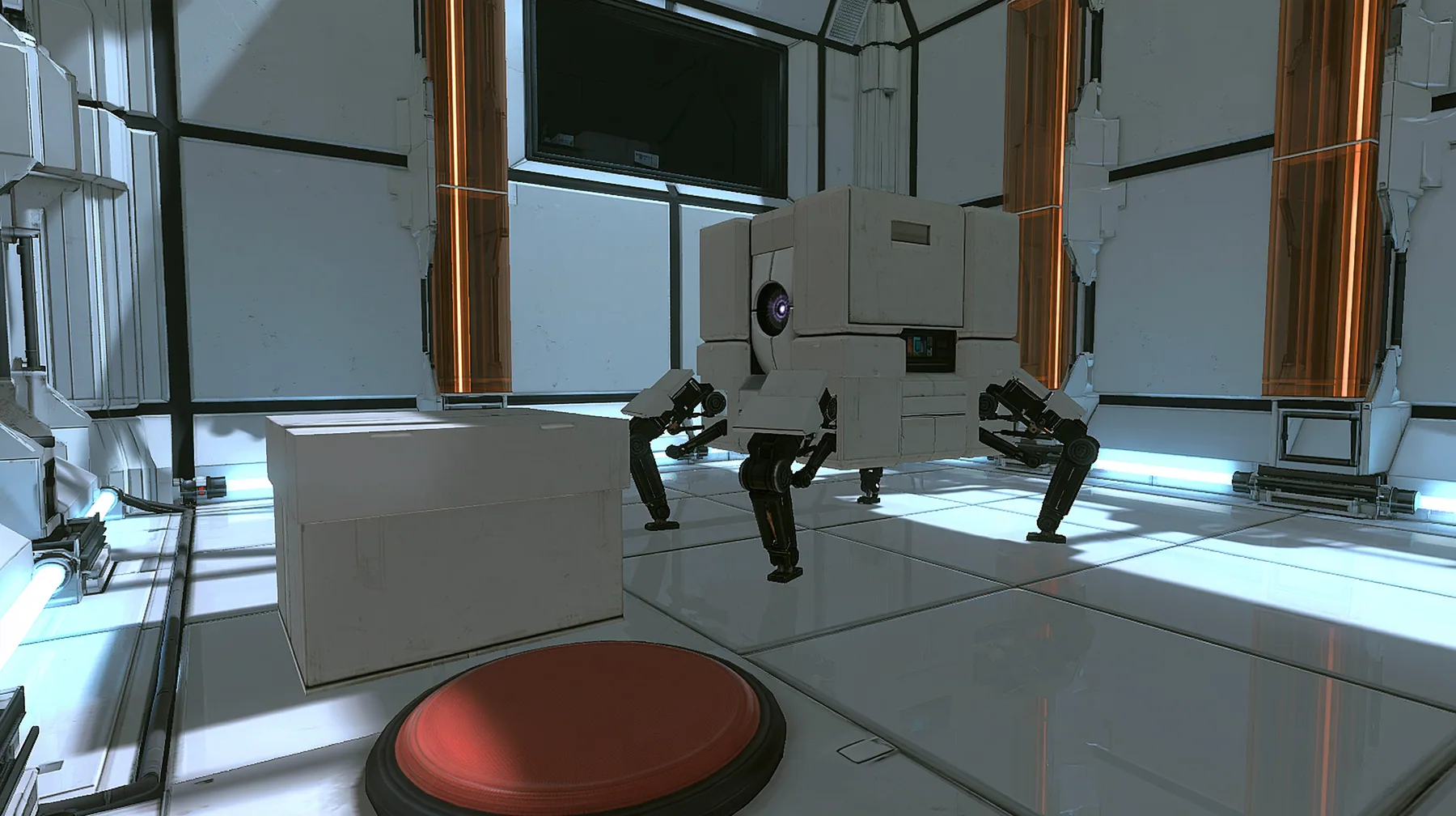 low close shot at floor level in a small white training test chamber: a sturdy light-grey storage cube robot walking on four short black jointed legs, one round purple optic glowing in its front face, braces its legs…