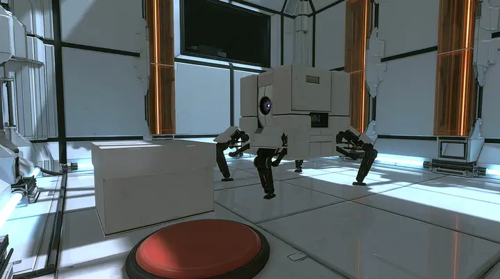 low close shot at floor level in a small white training test chamber: a sturdy light-grey storage cube robot walking on four short black jointed legs, one round purple optic glowing in its front face, braces its legs…