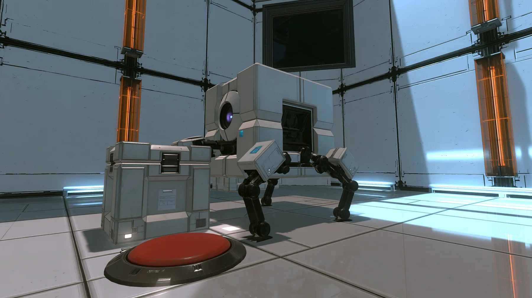low close shot at floor level in a small white training test chamber: a sturdy light-grey storage cube robot walking on four short black jointed legs, one round purple optic glowing in its front face, braces its legs…