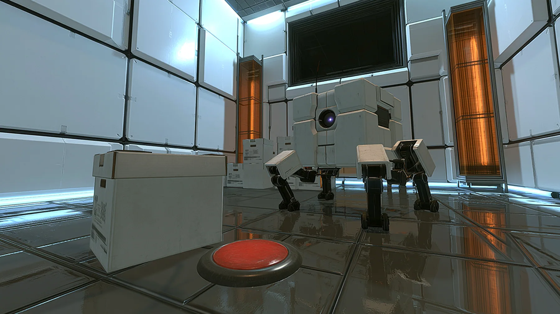 low close shot at floor level in a small white training test chamber: a sturdy light-grey storage cube robot walking on four short black jointed legs, one round purple optic glowing in its front face, braces its legs…