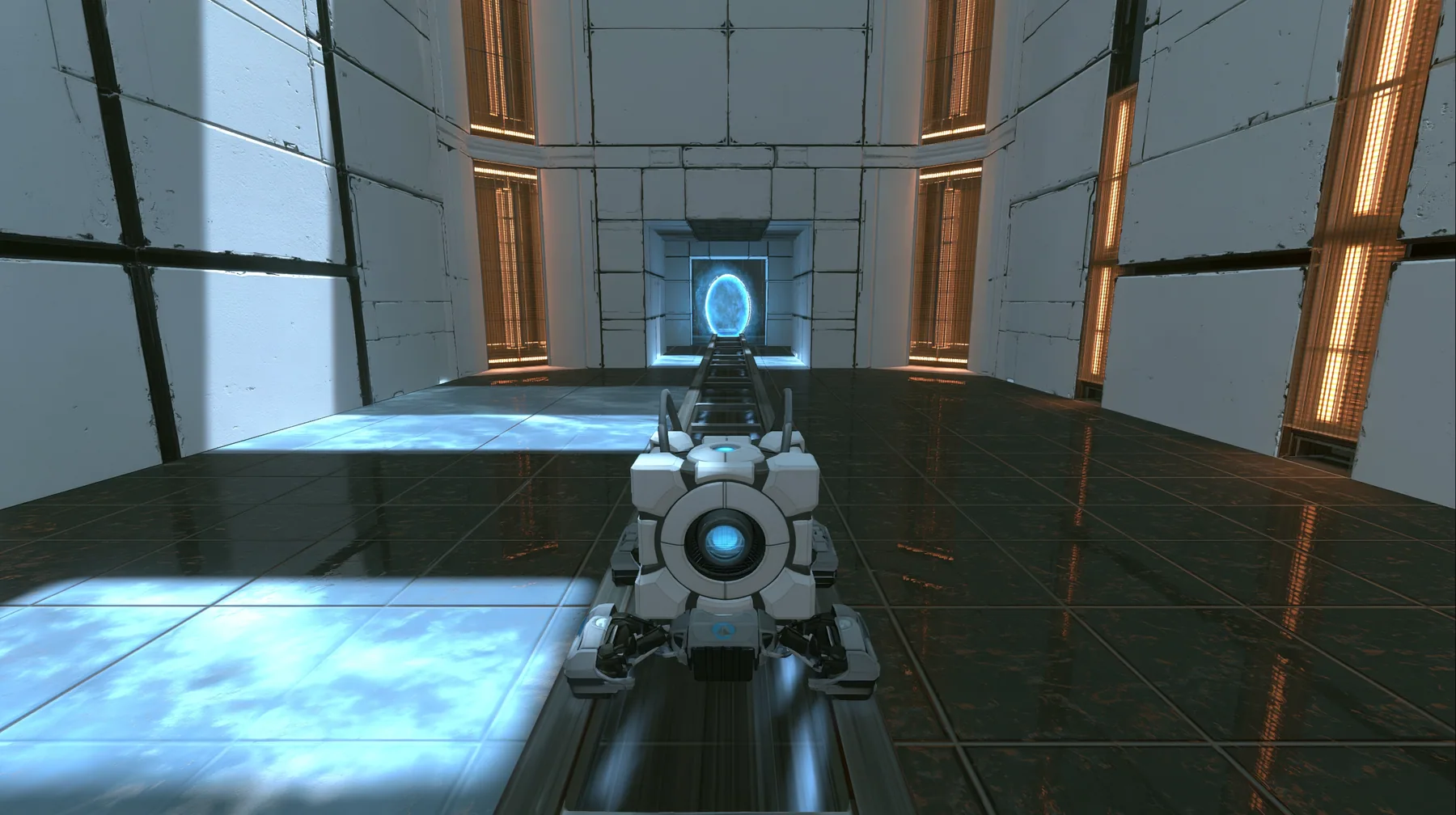 very low tracking shot just above a steel floor rail in a small white training test chamber, chasing a white personality core with grey handles that rides a little grey motorised rail crawler away from the camera…
