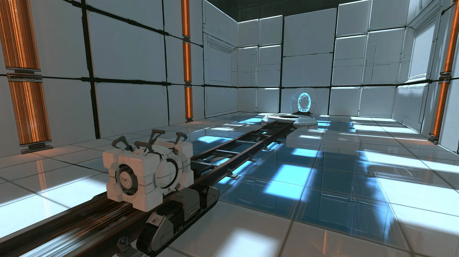 very low tracking shot just above a steel floor rail in a small white training test chamber, chasing a white personality core with grey handles that rides a little grey motorised rail crawler away from the camera…