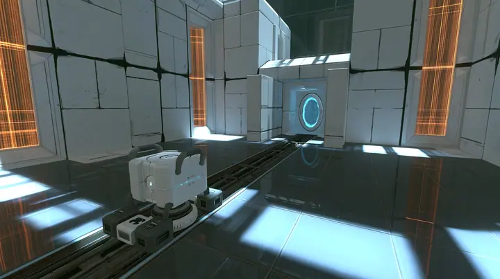 very low tracking shot just above a steel floor rail in a small white training test chamber, chasing a white personality core with grey handles that rides a little grey motorised rail crawler away from the camera…