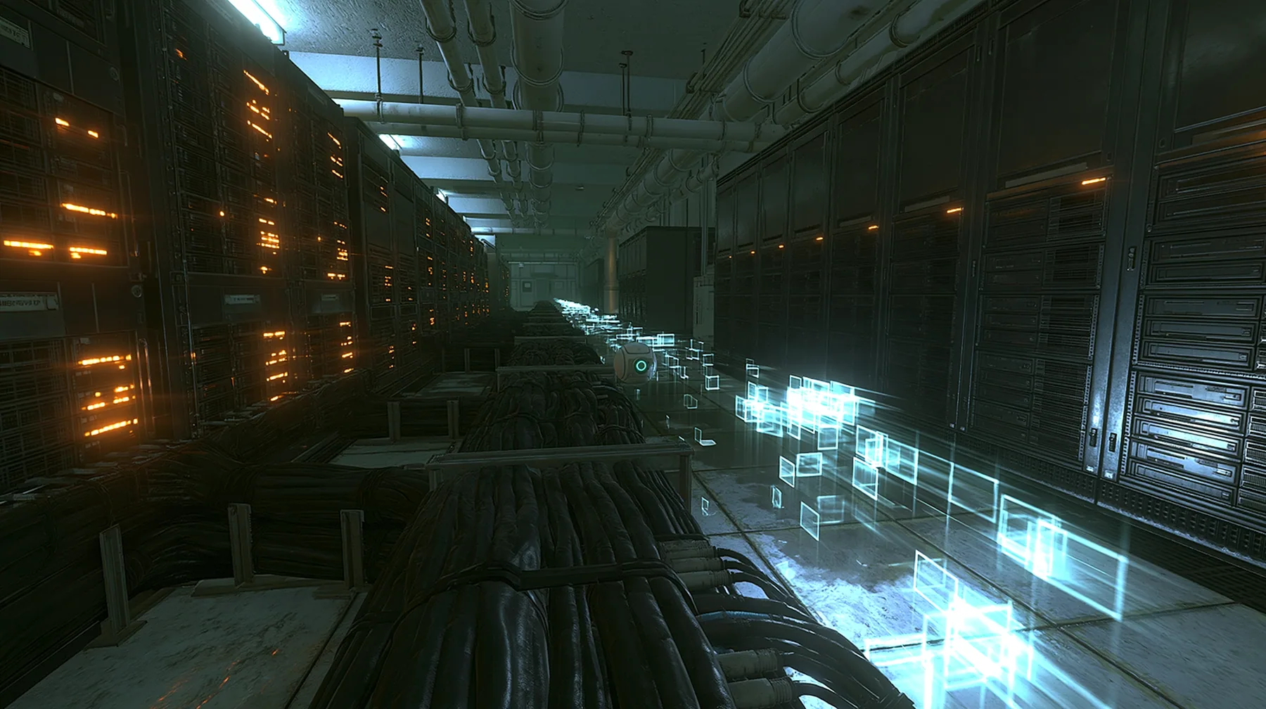 FPV chase just above a thick bundle of black cables running down the aisle of a 1970s server hall: a tiny white robot core the size of a tennis ball with a bright cyan optic dissolves from the back into streams of…