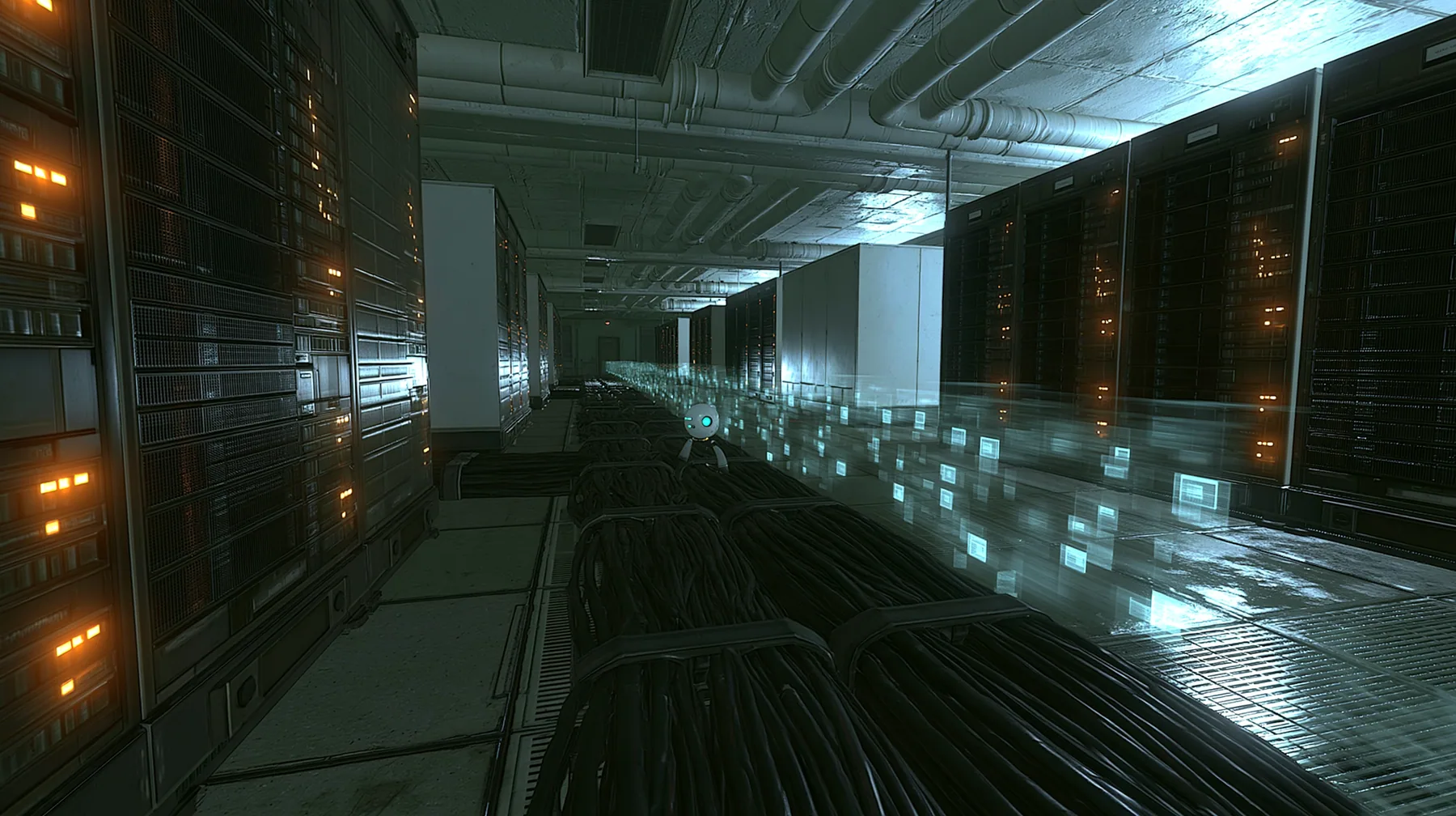 FPV chase just above a thick bundle of black cables running down the aisle of a 1970s server hall: a tiny white robot core the size of a tennis ball with a bright cyan optic dissolves from the back into streams of…