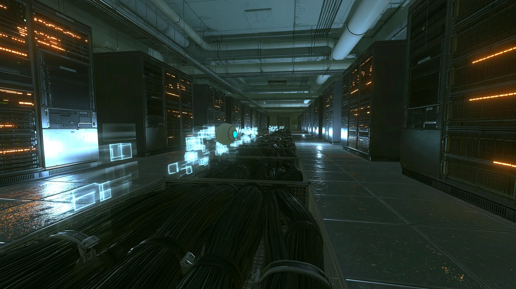 FPV chase just above a thick bundle of black cables running down the aisle of a 1970s server hall: a tiny white robot core the size of a tennis ball with a bright cyan optic dissolves from the back into streams of…