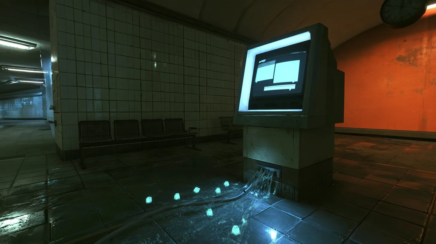 low wide shot in an empty night train station concourse with tiled walls: an old public CRT chatbot kiosk on a pedestal glows white-blue while a stream of small glowing cyan square light packets races along a cable…