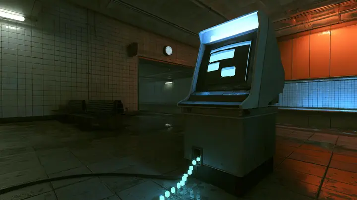 low wide shot in an empty night train station concourse with tiled walls: an old public CRT chatbot kiosk on a pedestal glows white-blue while a stream of small glowing cyan square light packets races along a cable…