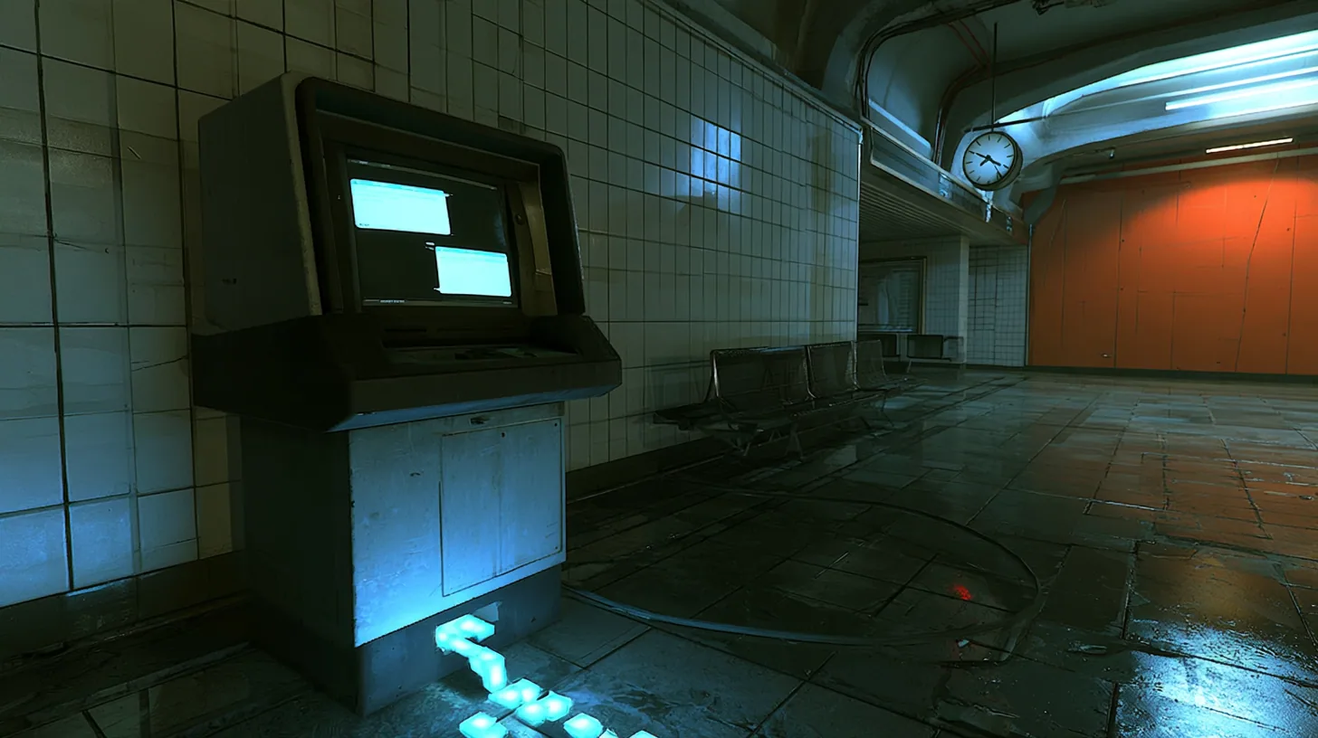 low wide shot in an empty night train station concourse with tiled walls: an old public CRT chatbot kiosk on a pedestal glows white-blue while a stream of small glowing cyan square light packets races along a cable…