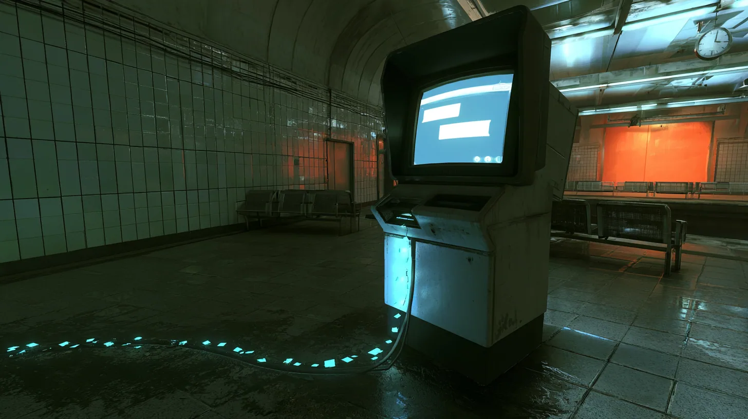 low wide shot in an empty night train station concourse with tiled walls: an old public CRT chatbot kiosk on a pedestal glows white-blue while a stream of small glowing cyan square light packets races along a cable…