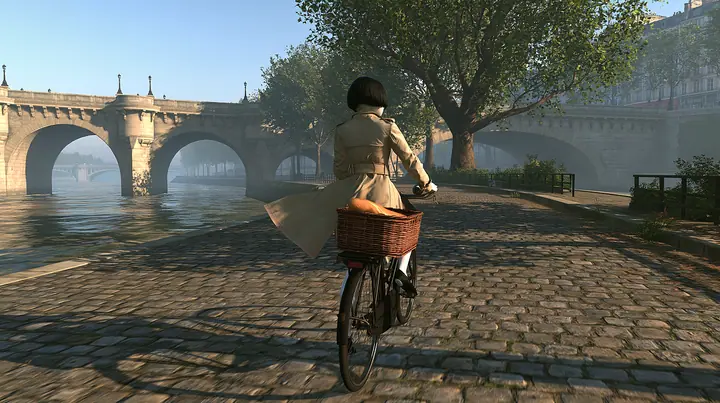 tracking shot from behind and slightly beside at hip height: a slender porcelain humanoid android in a beige trench coat rides an old black city bicycle along a cobbled riverside quay in Paris at sunrise, coat…