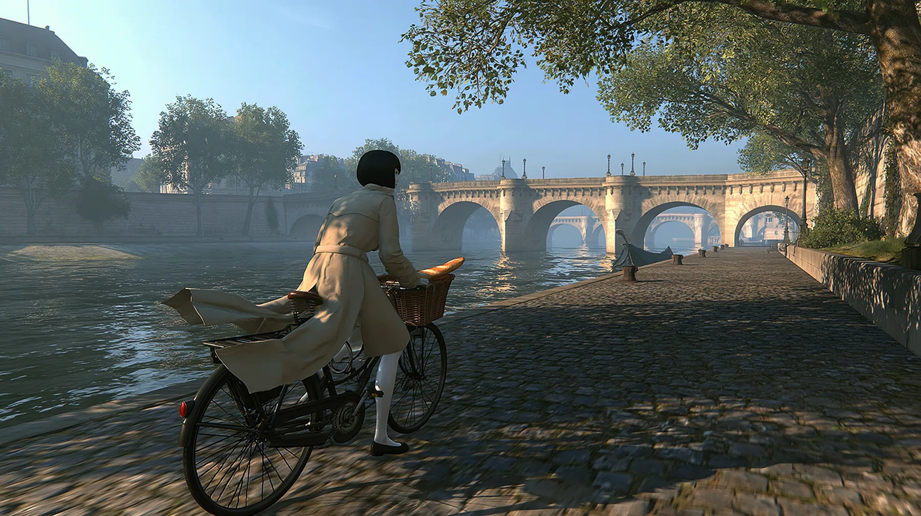 tracking shot from behind and slightly beside at hip height: a slender porcelain humanoid android in a beige trench coat rides an old black city bicycle along a cobbled riverside quay in Paris at sunrise, coat…