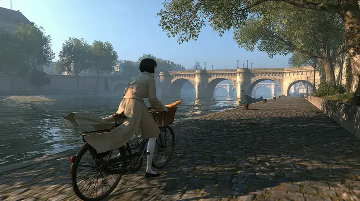 tracking shot from behind and slightly beside at hip height: a slender porcelain humanoid android in a beige trench coat rides an old black city bicycle along a cobbled riverside quay in Paris at sunrise, coat…