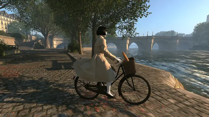 tracking shot from behind and slightly beside at hip height: a slender porcelain humanoid android in a beige trench coat rides an old black city bicycle along a cobbled riverside quay in Paris at sunrise, coat…
