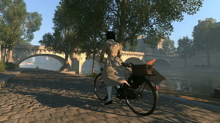 tracking shot from behind and slightly beside at hip height: a slender porcelain humanoid android in a beige trench coat rides an old black city bicycle along a cobbled riverside quay in Paris at sunrise, coat…