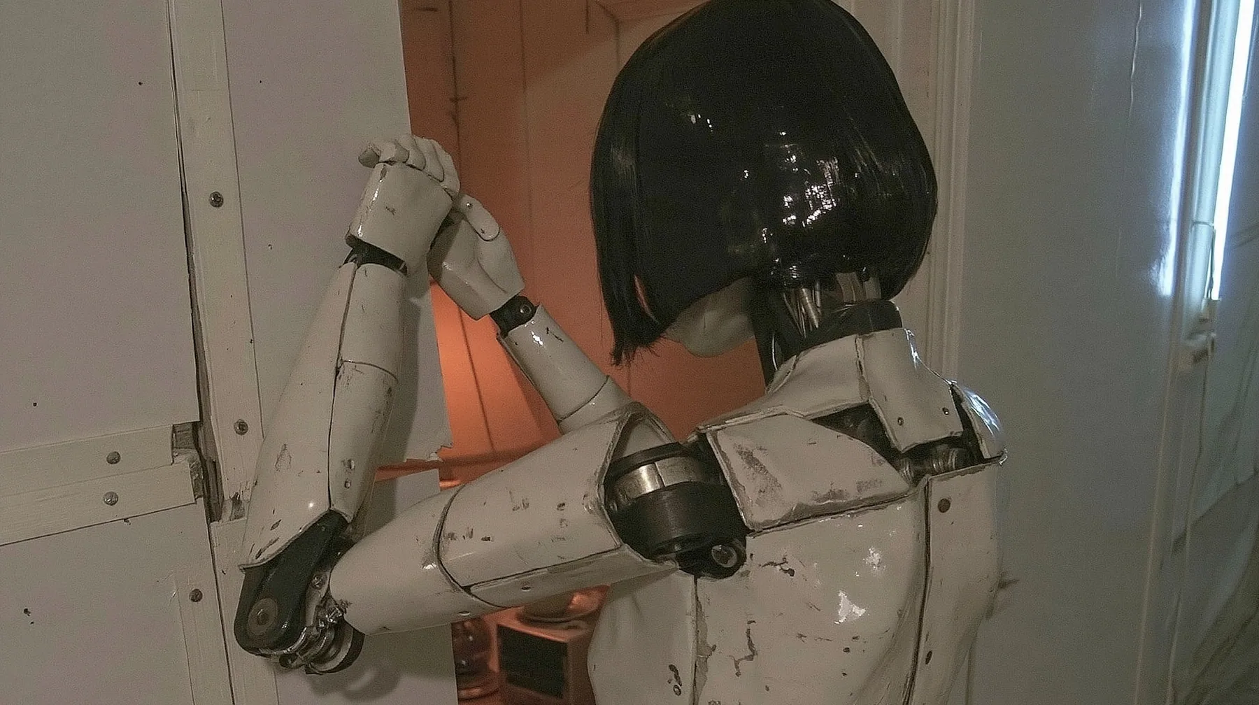 over-the-shoulder from behind at shoulder height: a scuffed slender porcelain humanoid android of glossy white plating with black joints, the back of her glossy black blunt bob toward the camera, grips the edge of a…