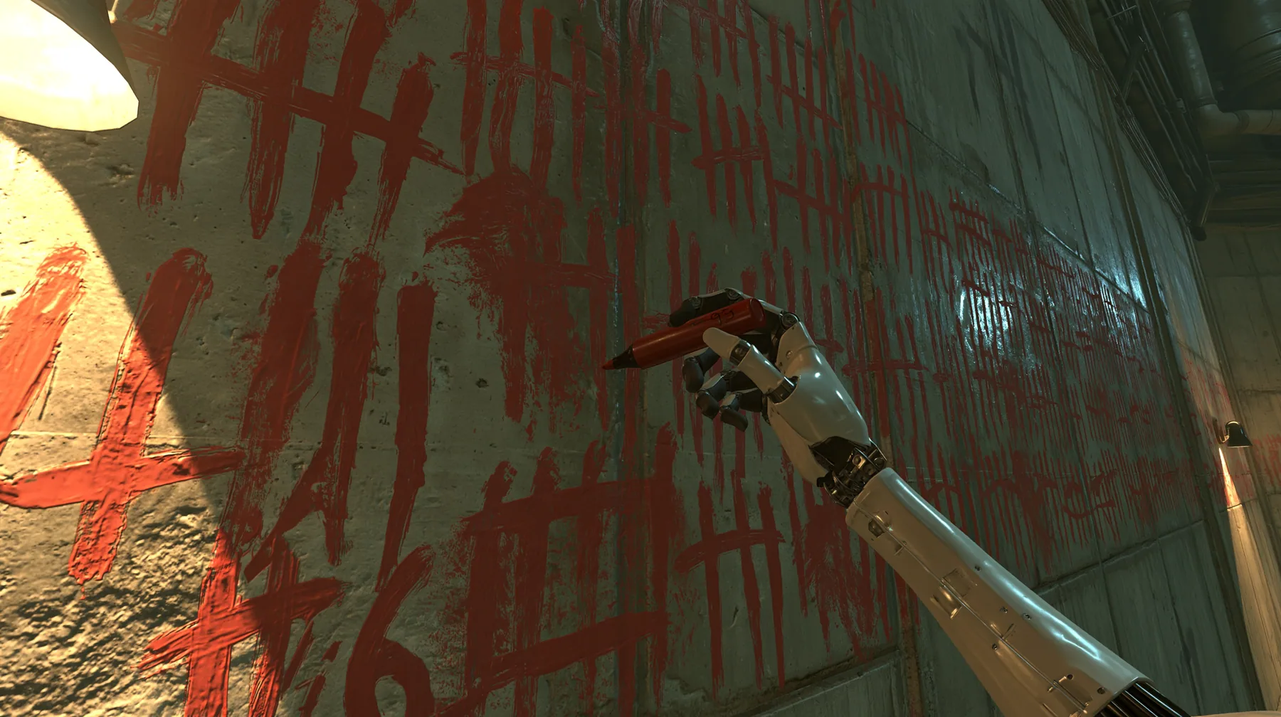 close-up of a grimy concrete wall in a hidden den covered in rough red hand-painted scrawl and smeared tally marks, lit by a warm dim lamp from the side; entering from the right, a porcelain-white android hand with…