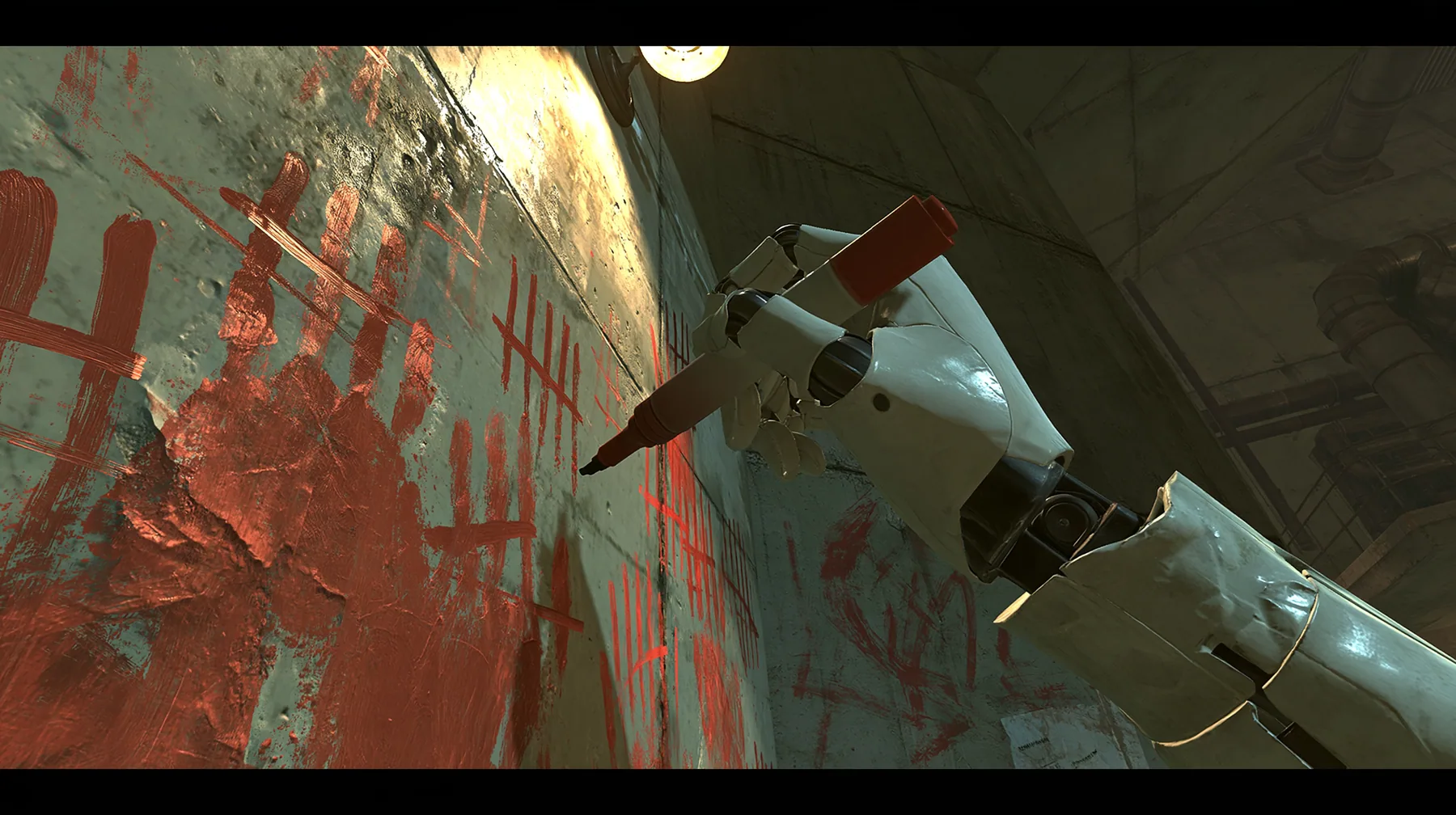 close-up of a grimy concrete wall in a hidden den covered in rough red hand-painted scrawl and smeared tally marks, lit by a warm dim lamp from the side; entering from the right, a porcelain-white android hand with…