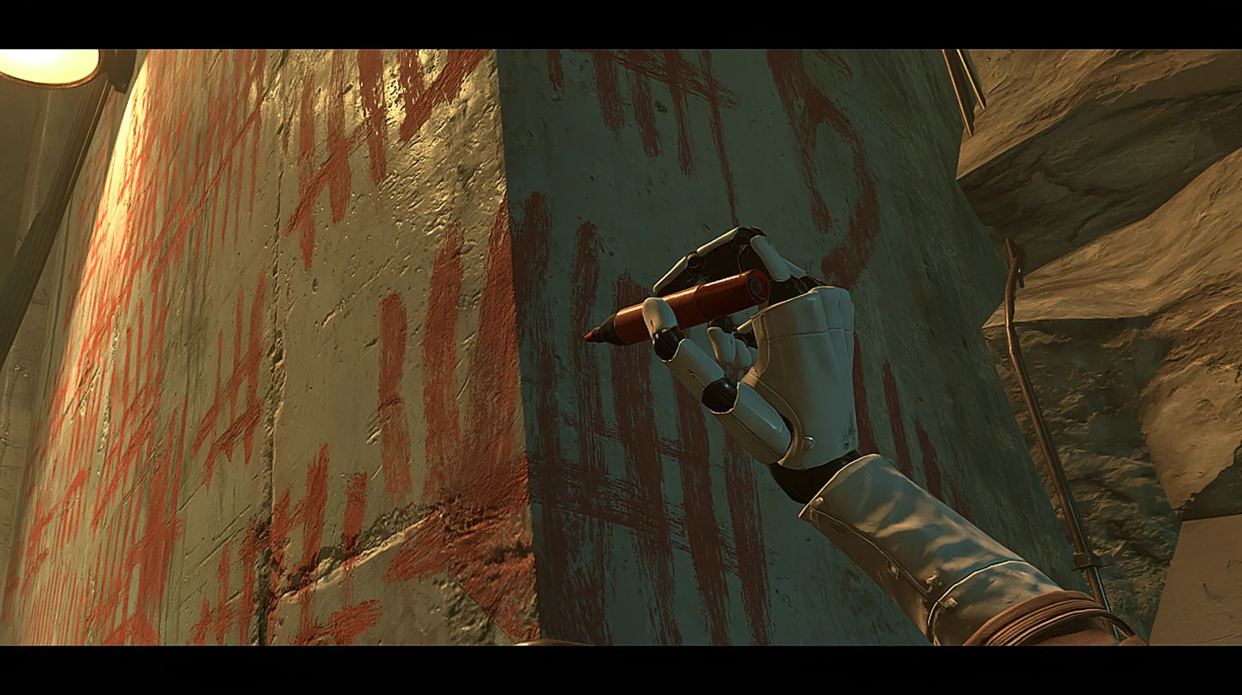 close-up of a grimy concrete wall in a hidden den covered in rough red hand-painted scrawl and smeared tally marks, lit by a warm dim lamp from the side; entering from the right, a porcelain-white android hand with…