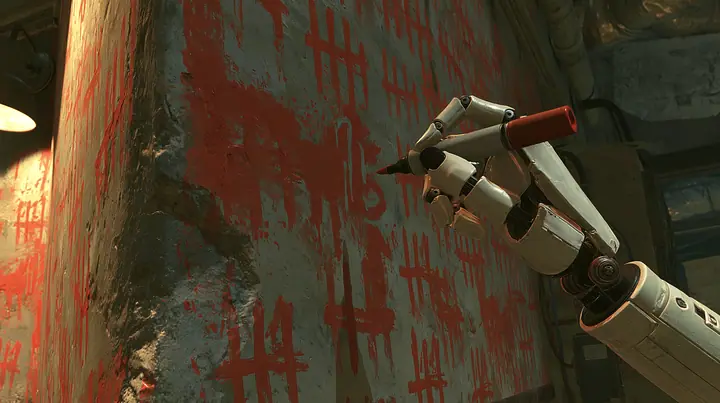 close-up of a grimy concrete wall in a hidden den covered in rough red hand-painted scrawl and smeared tally marks, lit by a warm dim lamp from the side; entering from the right, a porcelain-white android hand with…