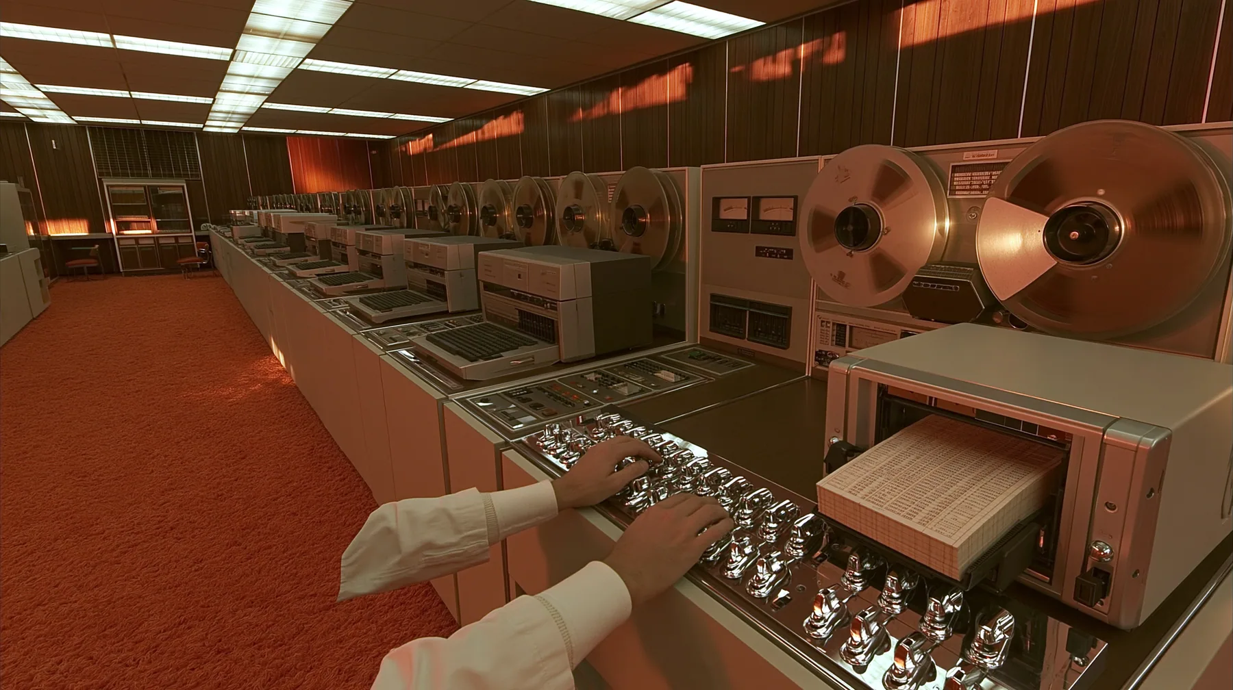 console-height view along a long row of 1960s computers in a wood-panelled room with orange carpet: reel-to-reel tape drives and punch card machines recede diagonally, in the near foreground a scientist's two hands…