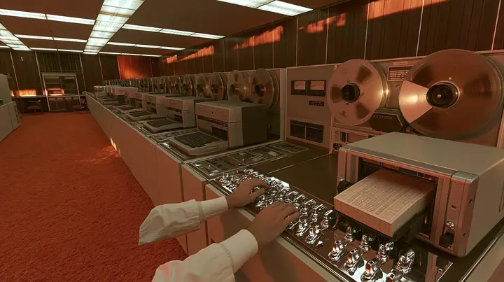 console-height view along a long row of 1960s computers in a wood-panelled room with orange carpet: reel-to-reel tape drives and punch card machines recede diagonally, in the near foreground a scientist's two hands…