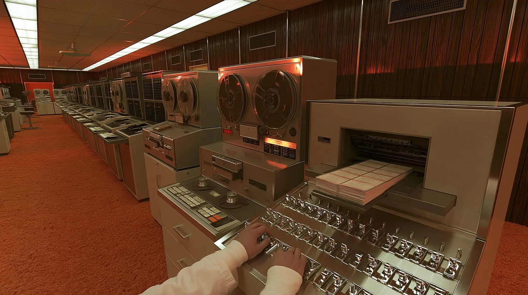 console-height view along a long row of 1960s computers in a wood-panelled room with orange carpet: reel-to-reel tape drives and punch card machines recede diagonally, in the near foreground a scientist's two hands…