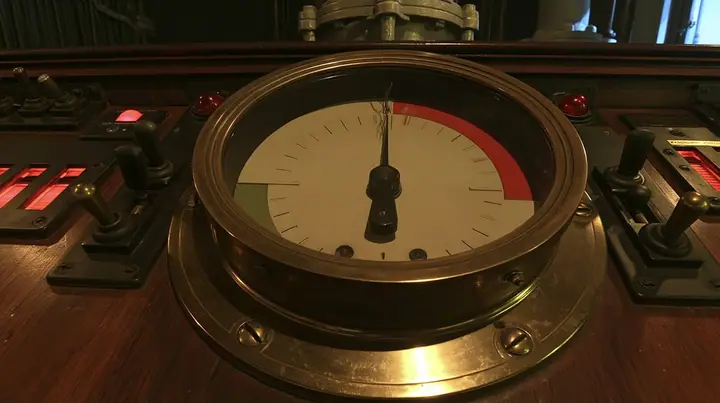 macro close-up of a big brass-bezelled analog gauge on a wooden 1960s control console: a cream dial face with a red zone at the upper right and a green zone at the left, plain tick marks, the black needle trembling…