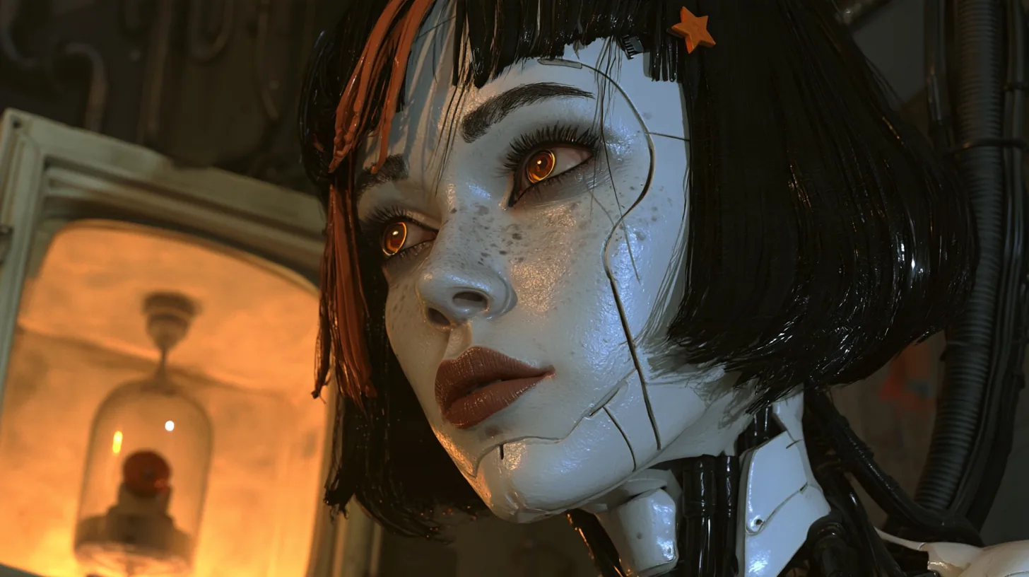 moody cinematic close-up in a dark machine chamber: a porcelain-white female android head on black robotic cables fills the right half of the frame, turned to the left, eyes wide with wonder, a faint smile, fine…