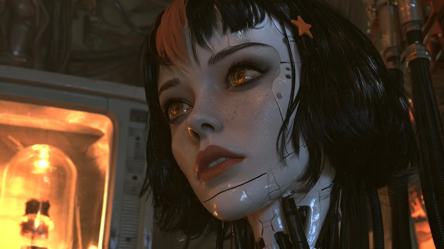 moody cinematic close-up in a dark machine chamber: a porcelain-white female android head on black robotic cables fills the right half of the frame, turned to the left, eyes wide with wonder, a faint smile, fine…