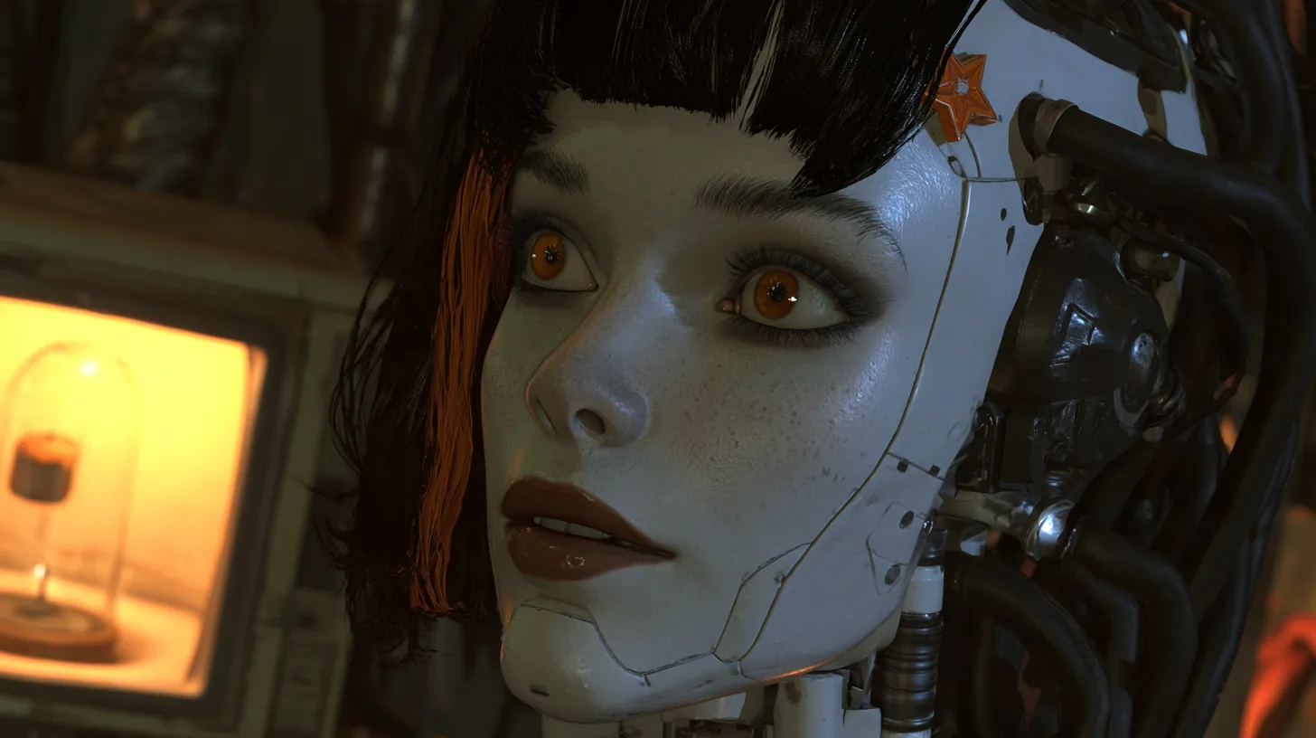 moody cinematic close-up in a dark machine chamber: a porcelain-white female android head on black robotic cables fills the right half of the frame, turned to the left, eyes wide with wonder, a faint smile, fine…