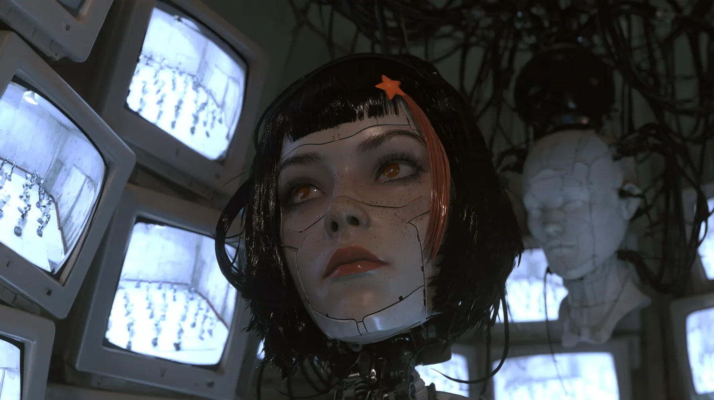 cinematic shot past a cluster of old white CRT monitors in the soft left foreground, each glowing with a tiny white training room of little robots; in the middle distance at right a porcelain-white female android…