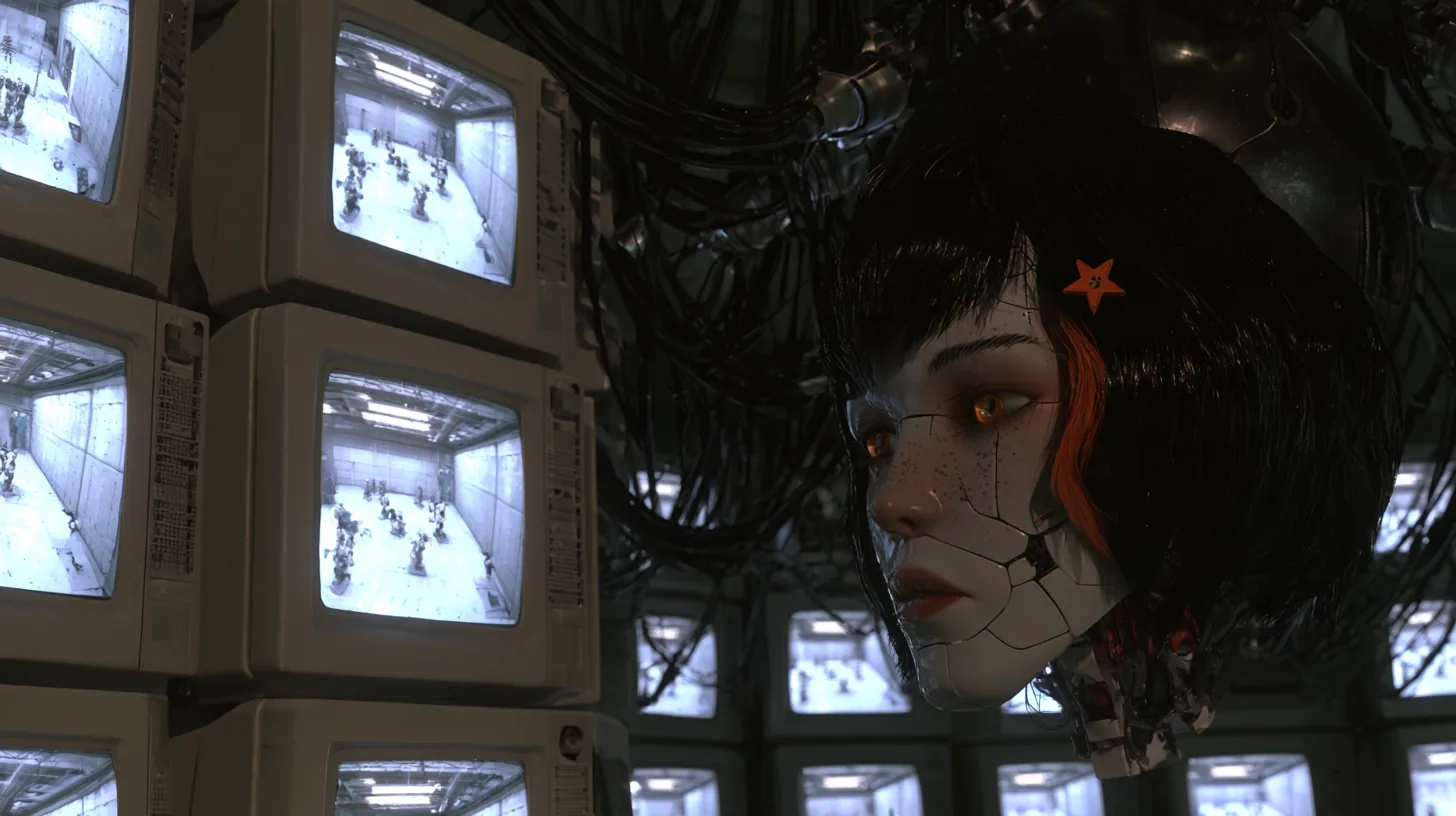 cinematic shot past a cluster of old white CRT monitors in the soft left foreground, each glowing with a tiny white training room of little robots; in the middle distance at right a porcelain-white female android…
