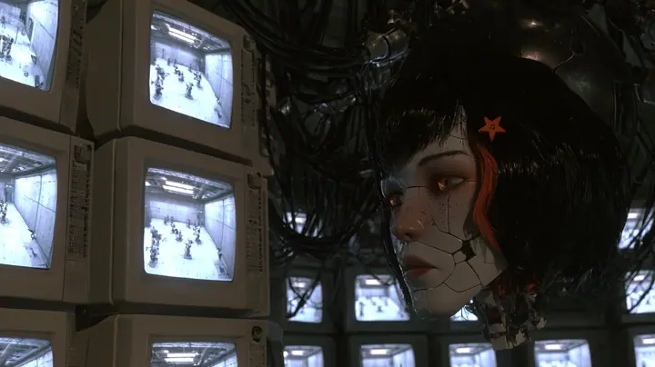 cinematic shot past a cluster of old white CRT monitors in the soft left foreground, each glowing with a tiny white training room of little robots; in the middle distance at right a porcelain-white female android…