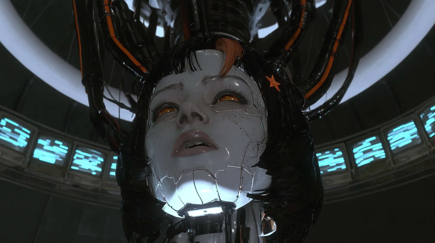 low-angle cinematic medium close-up in a dark dome: a porcelain-white female android head hangs from black robotic cables with orange stripes under a white ceiling ring, singing with lips parted, eyes following a…