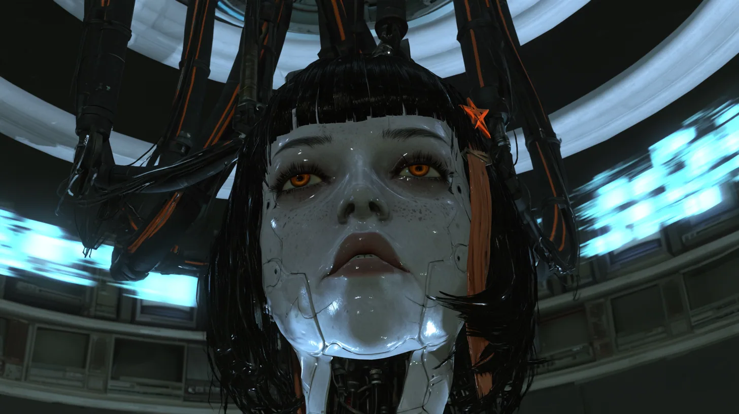 low-angle cinematic medium close-up in a dark dome: a porcelain-white female android head hangs from black robotic cables with orange stripes under a white ceiling ring, singing with lips parted, eyes following a…